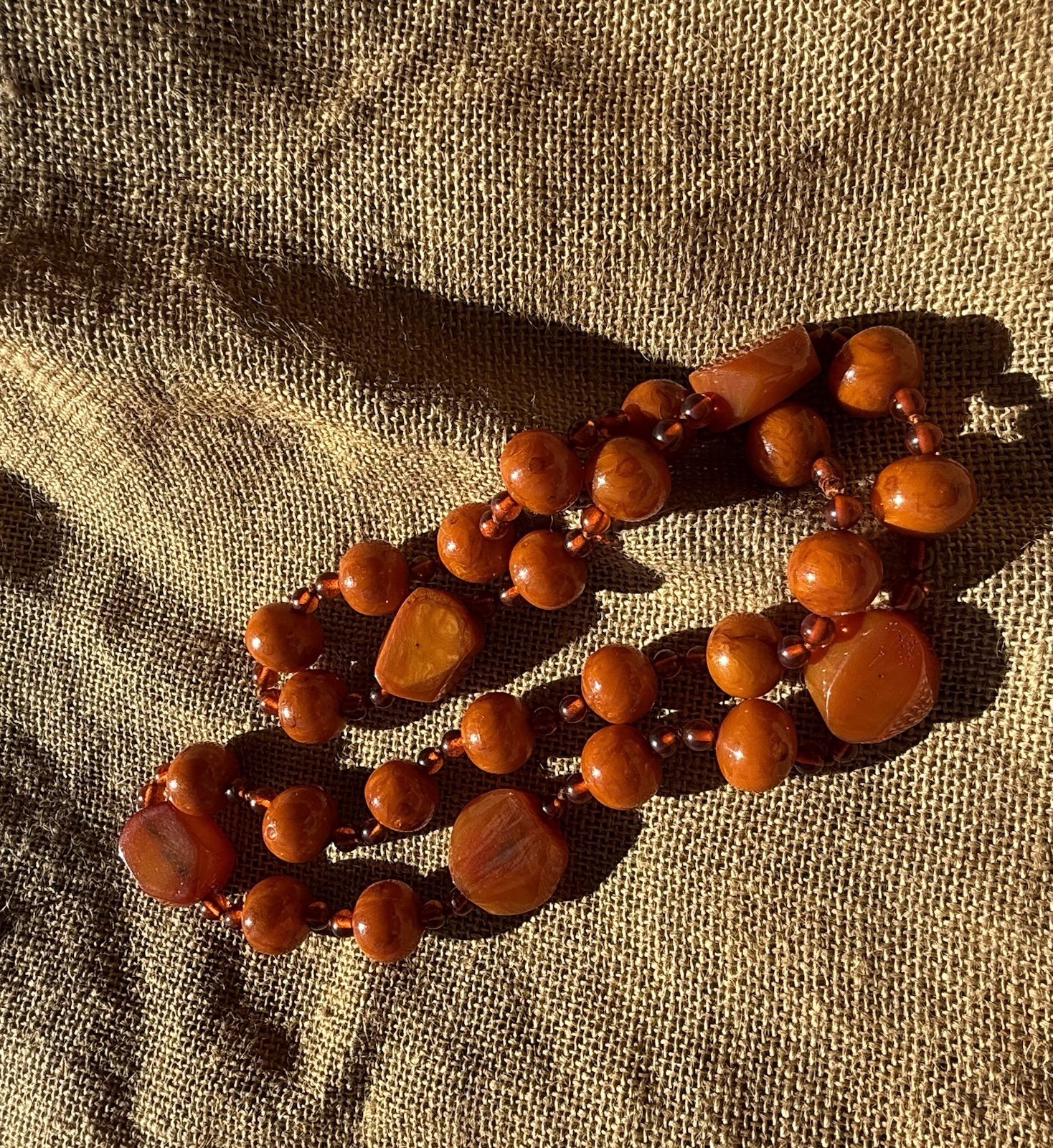 Vintage 100g Cherry Orange Catalin Bakelite Art Deco Mixed Bead Necklace 31”