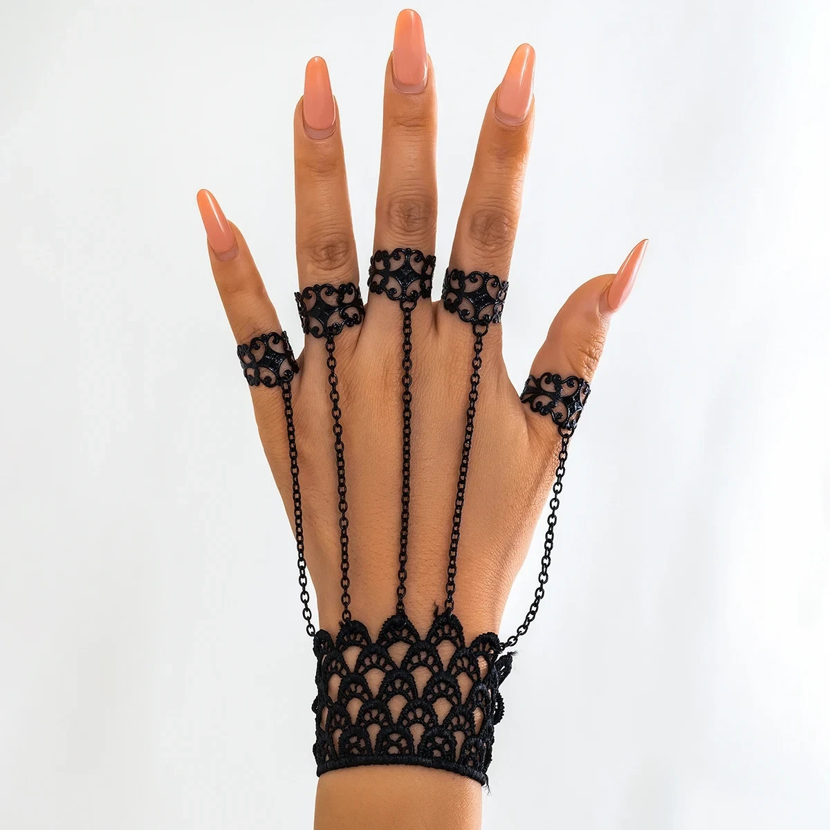 Gothic Lace Bracelet Ring Set for Women Black Chain Hand Jewelry Party Gift