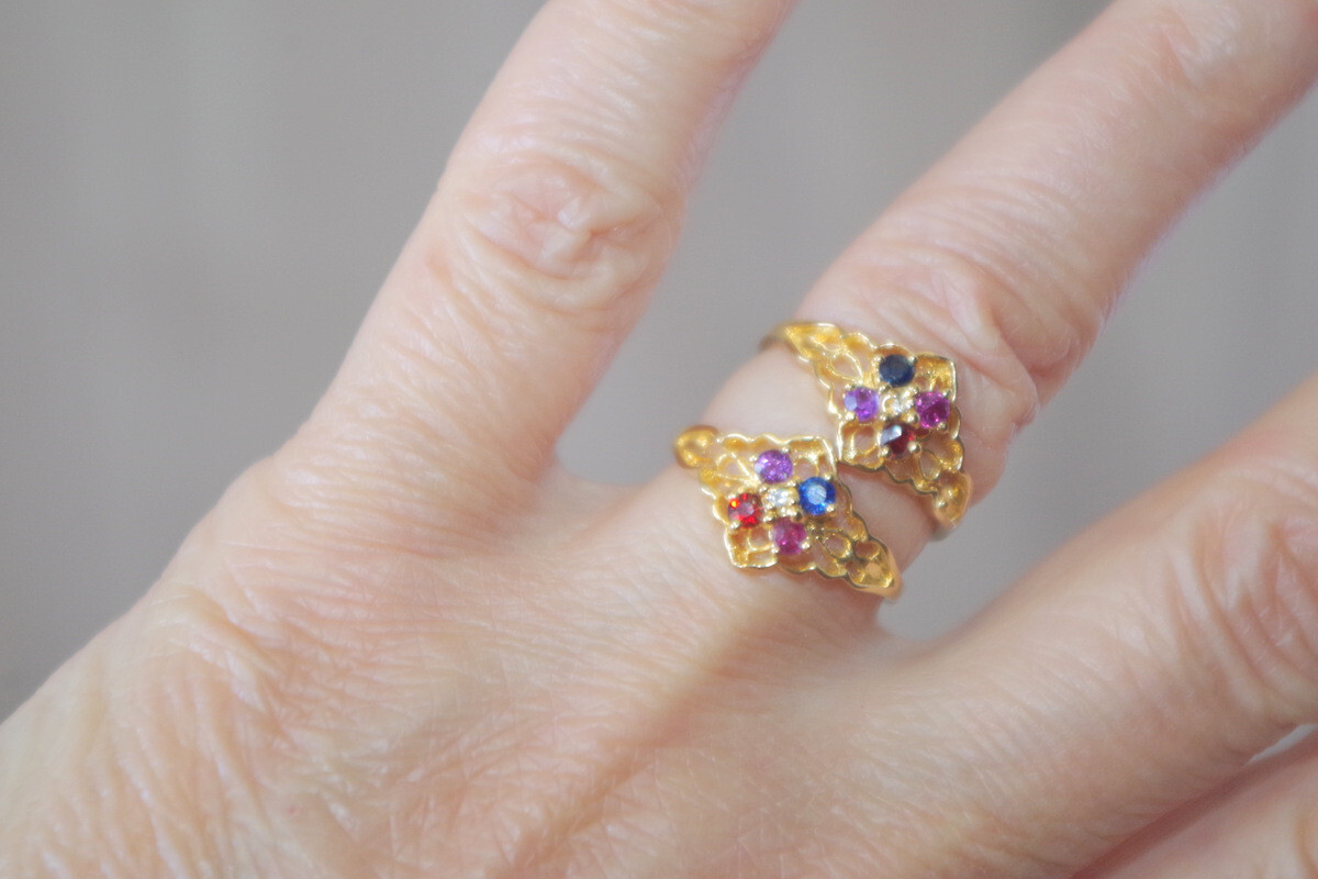 Vintage sapphire, Ruby, Amethyst, Smokey Topaz 14k GF Cocktail Four Stone Band R
