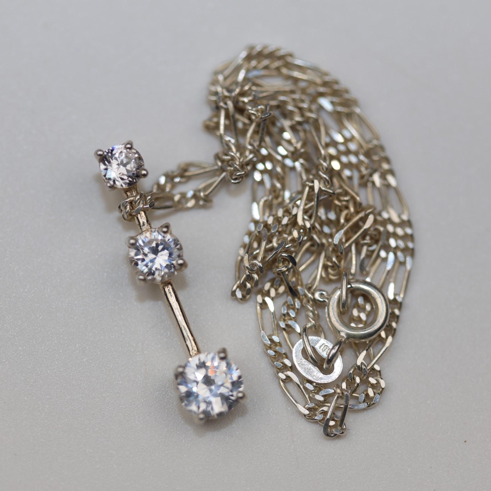 Bar Drop Triple Gemstone Pendant Necklace Sterling Silver
