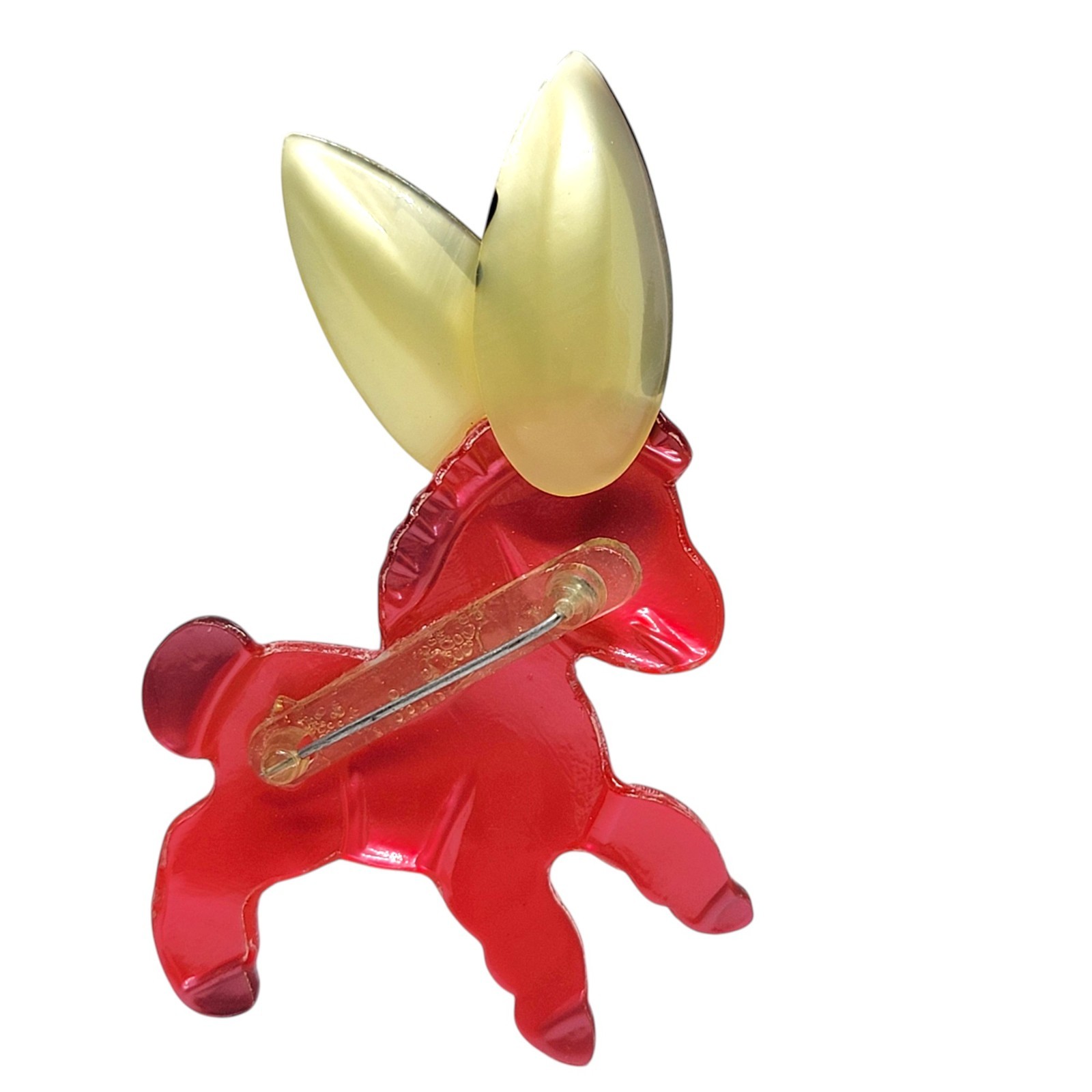 1940s Donkey Brooch Vintage Figural Pin of Cream & Red Acetate / Spun Nylon