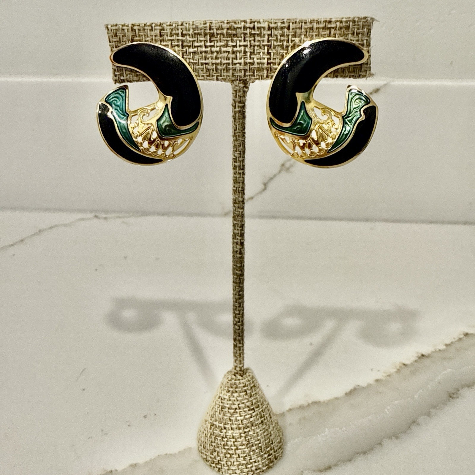 Vintage Berebi Green Blank Enamel Gold Cutout Tone Statement Post Earrings