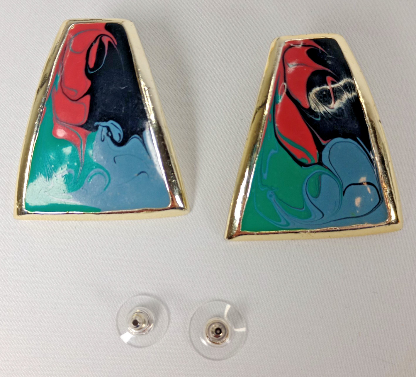 Vintage Silver Tone Abstract Enamel Stud Earrings Green Coral Black 1.5″