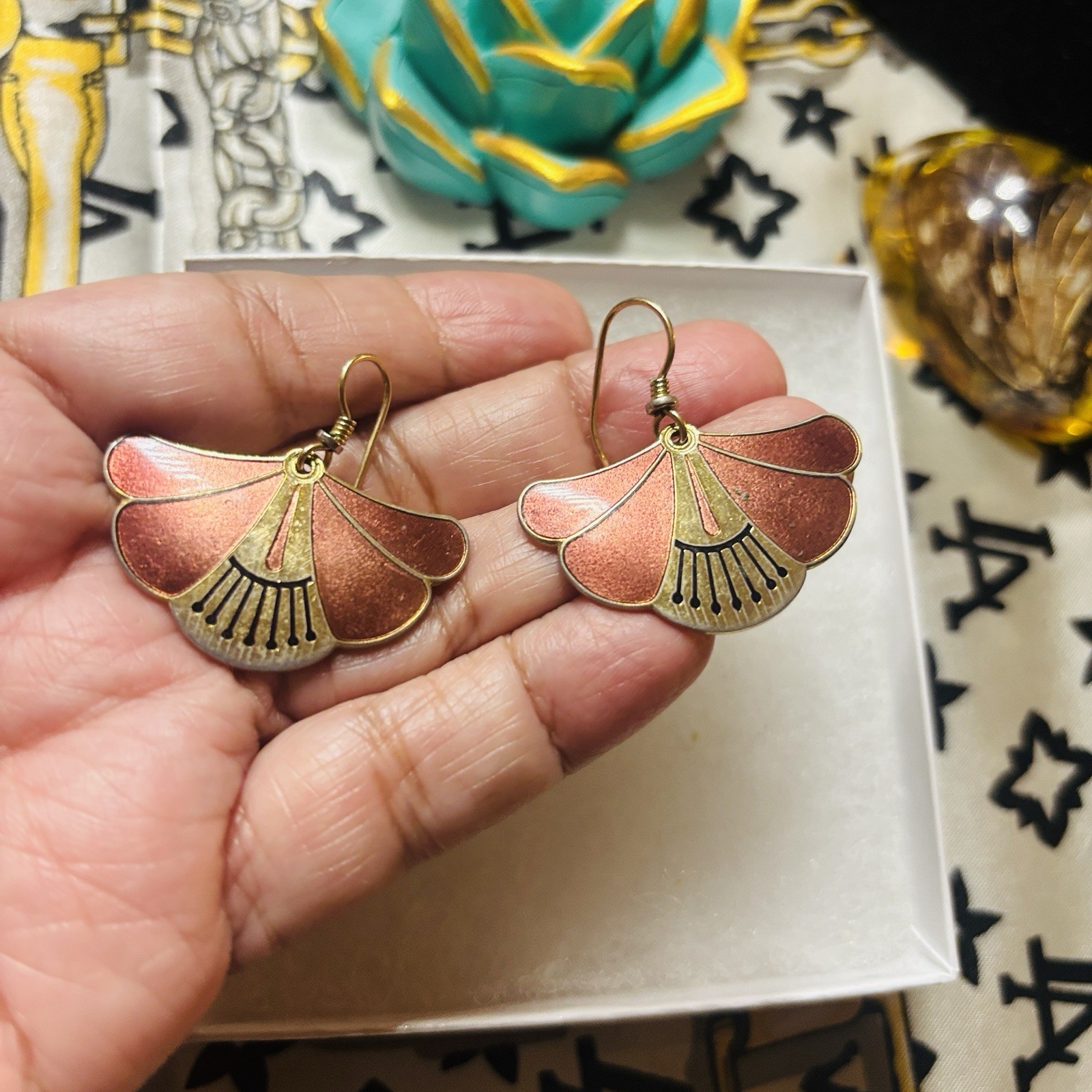 Vintage Laurel Burch Enamel Fan Earrings Gold Tone Signed 3.5cm