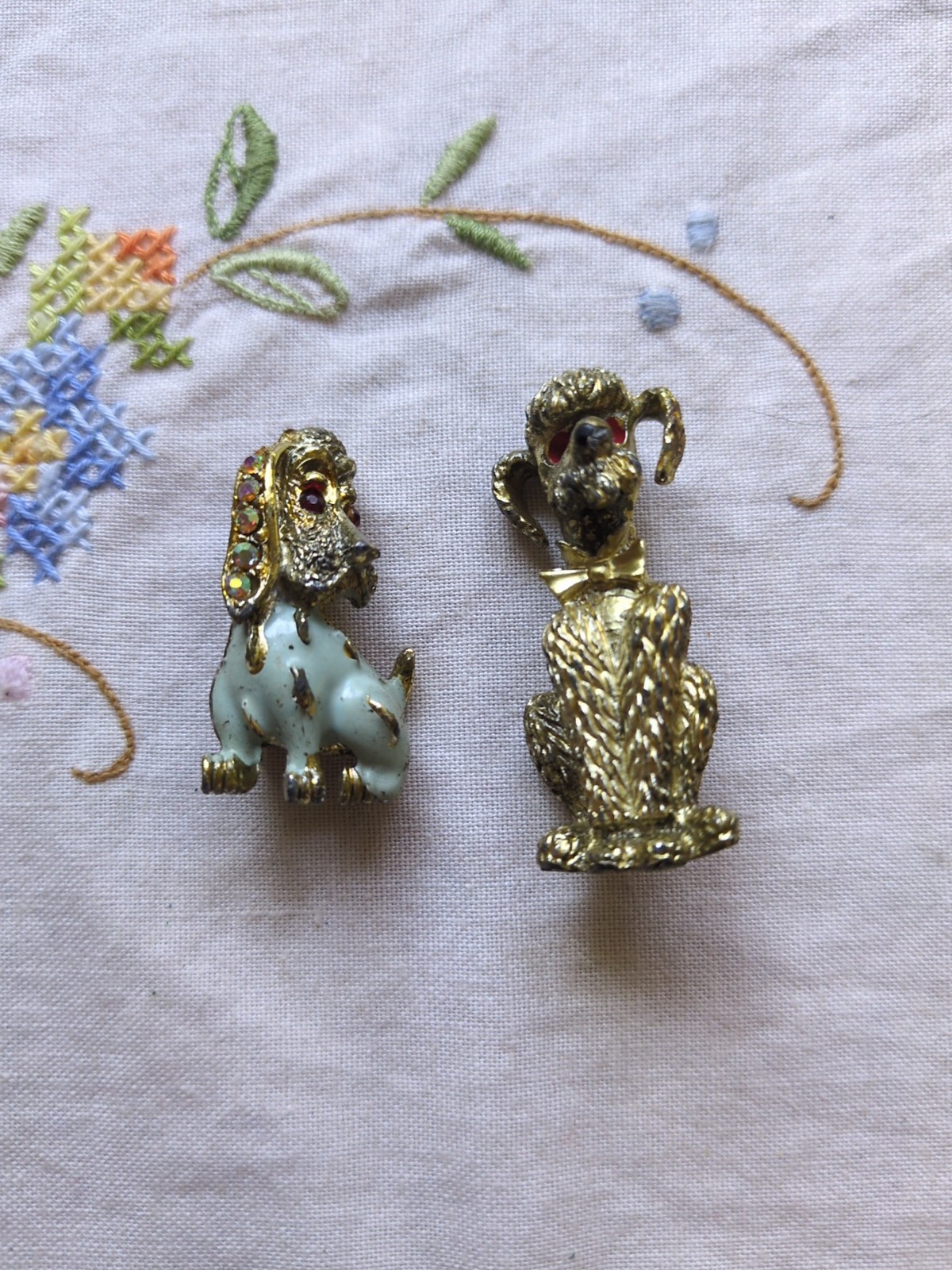 Vintage Dog Brooch Pin Lot Of 2, Enameled, Rhinestone