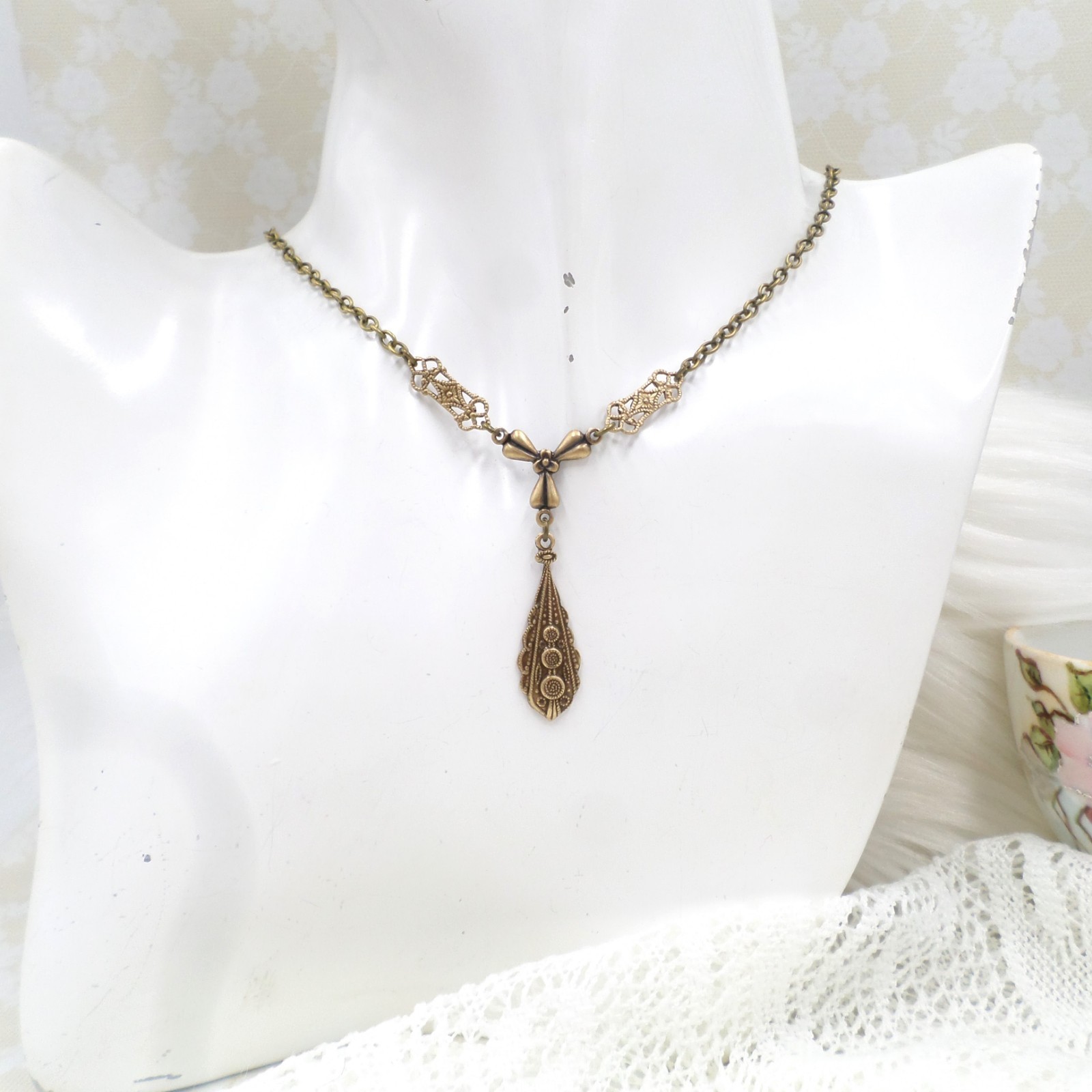Victorian Style Brass Filigree Charm Necklace: Handmade Bow & Teardrop Jewelry