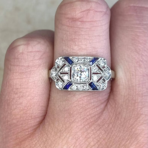 2.05CT Round Lab-Created Diamond & Blue Sapphire Art Deco Engagement Silver Ring