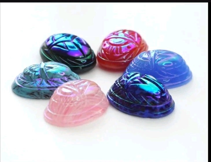 SALE! VINTAGE EGYPTIAN IRID PINK SCARAB PENDANT SCARAB BEAD GLASS NECKLACE SET