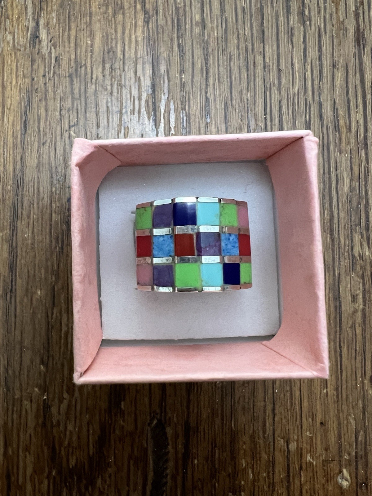 Vintage Sterling Silver Multicolor Multi Gemstones Mosaic Grid Ring Size 5 – 5.5