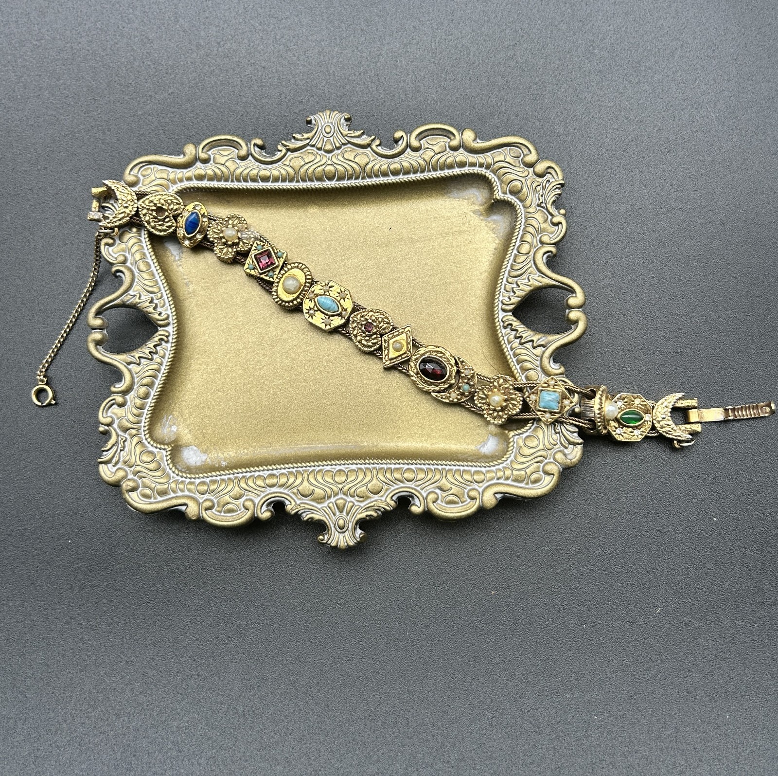 VTG Goldette Slide Bracelet Victorian Revival Multi Stone Crescent Moon