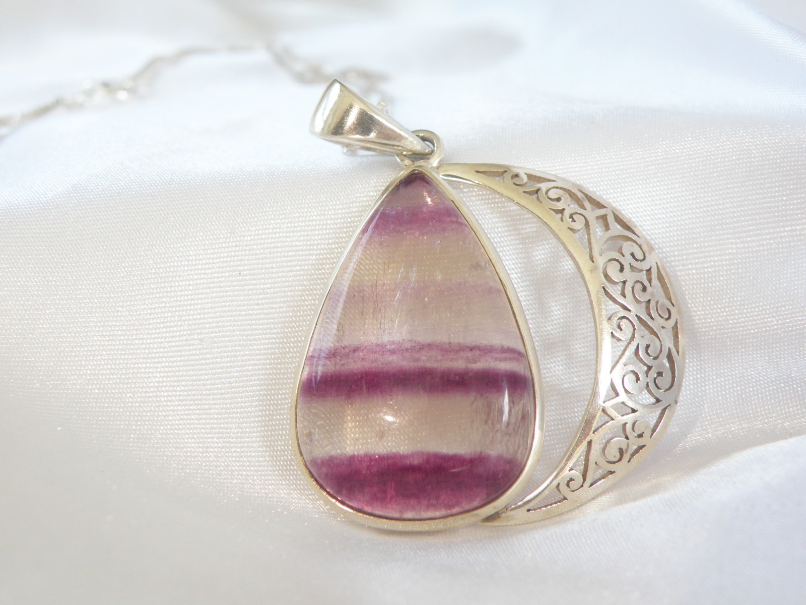 Large Sterling Silver 925 Fluorite Crescent Moon Pendant Necklace