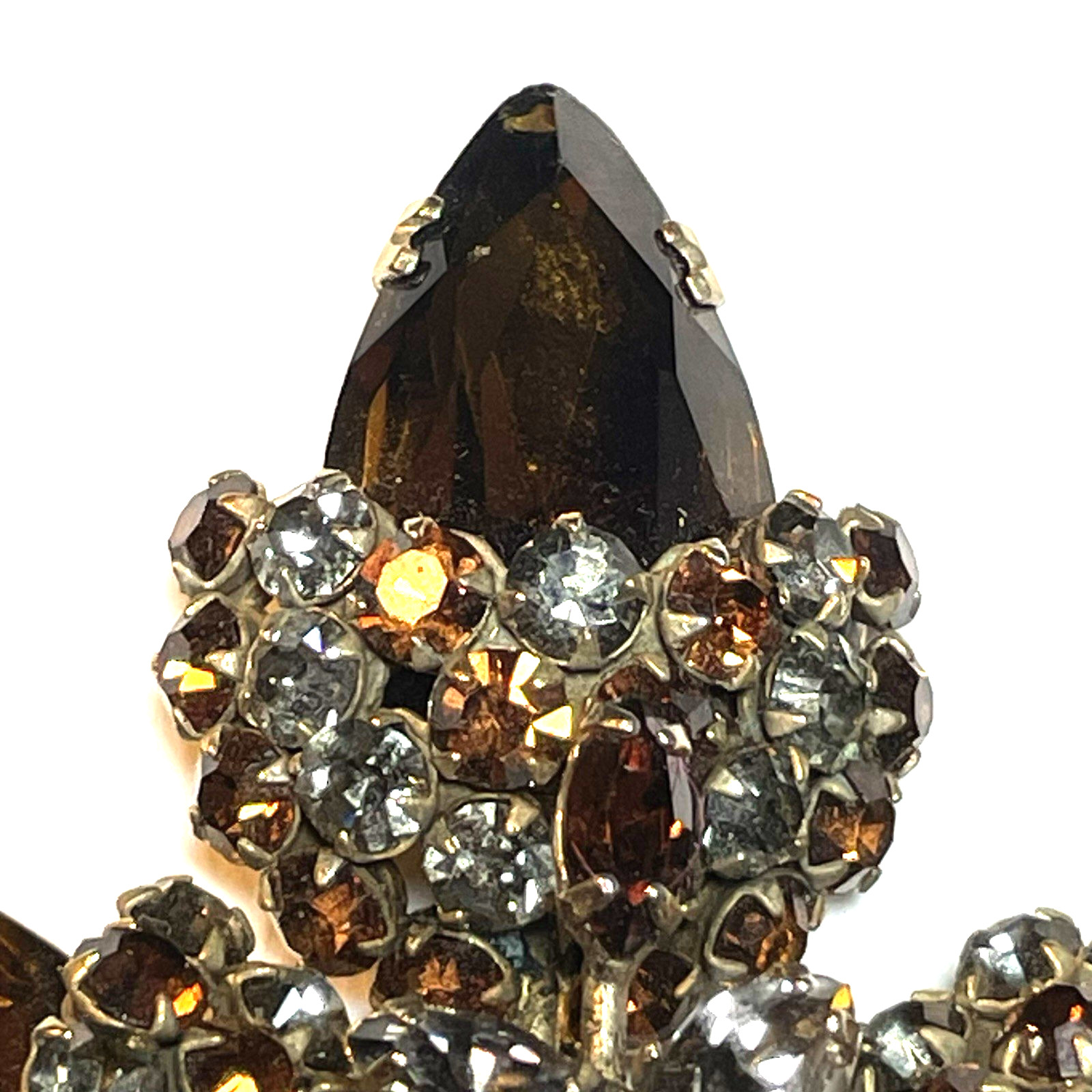 VTG UNSIGNED SCHREINER 3 ACORN STATEMENT BROOCH DARK TOPAZ & SMOKY GREY CRYSTALS