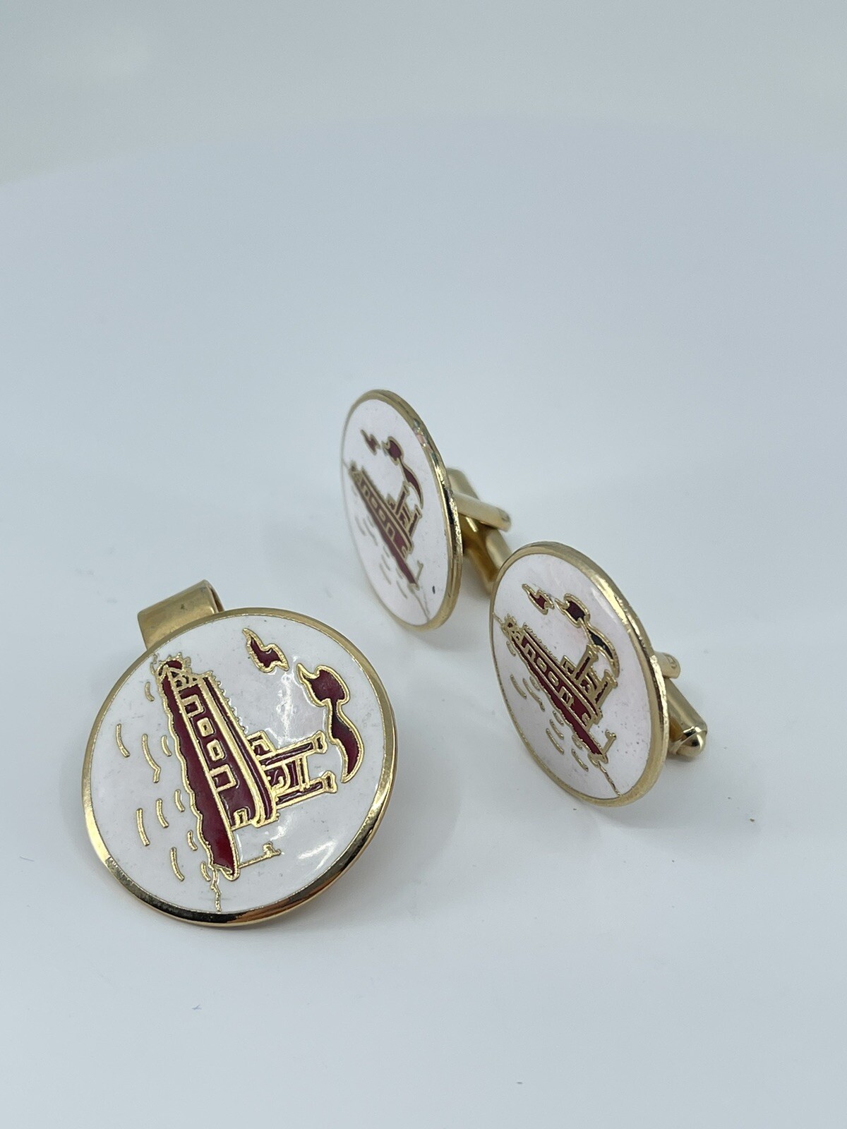Mr Tara River boat cufflinks and tie clip set red gold white enamel 1″