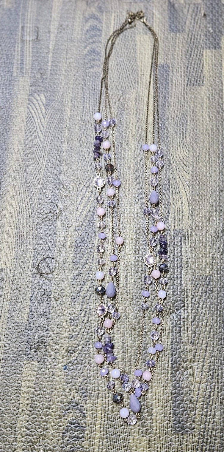 Long Layered Amethyst Chalcedony Crystal Bead Necklace Purple Pink Gold Tone