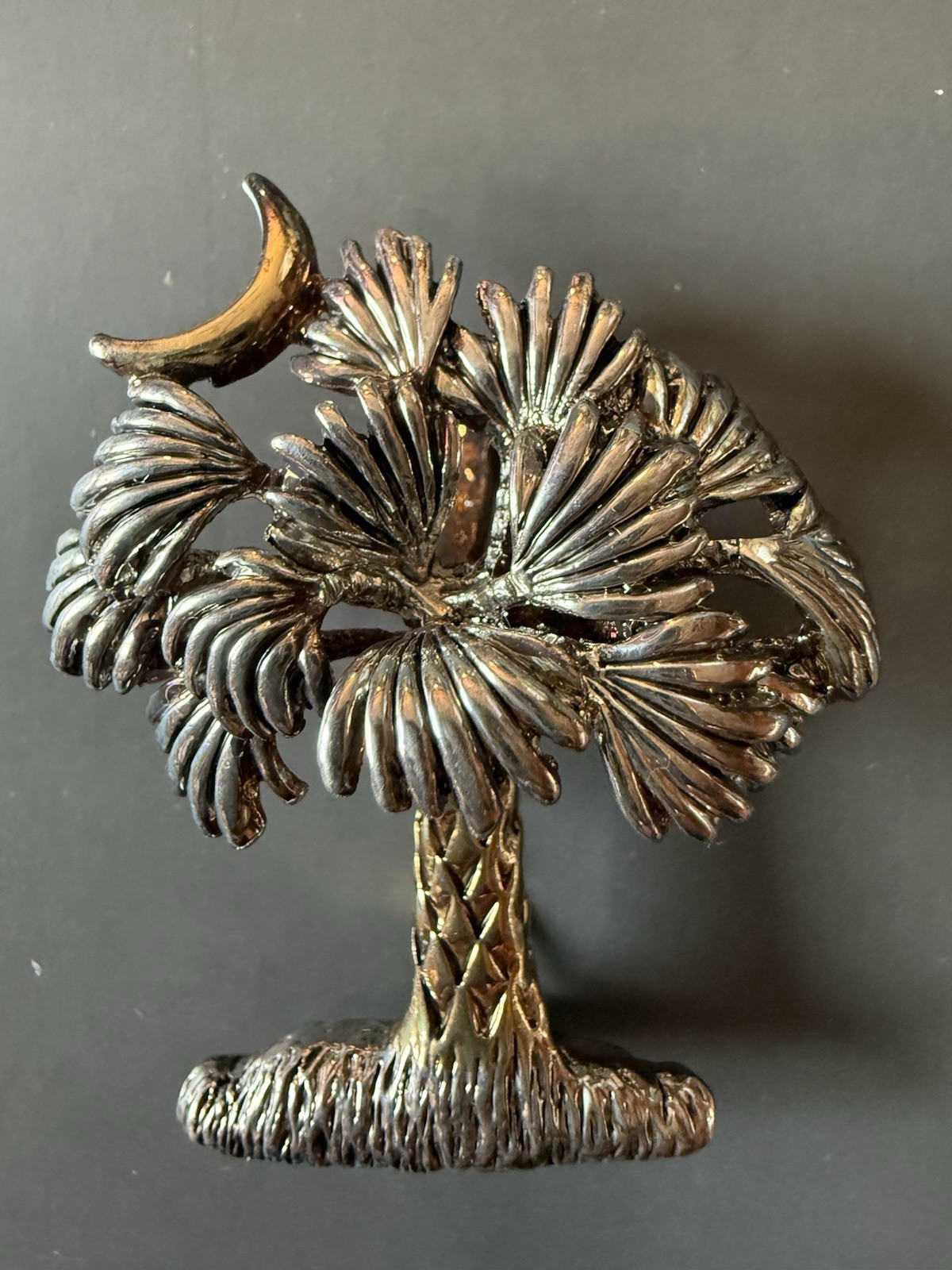 Vintage MJ SIGNED silver & gold tone Palm Tree Crescent Moon / Pendant – Brooch