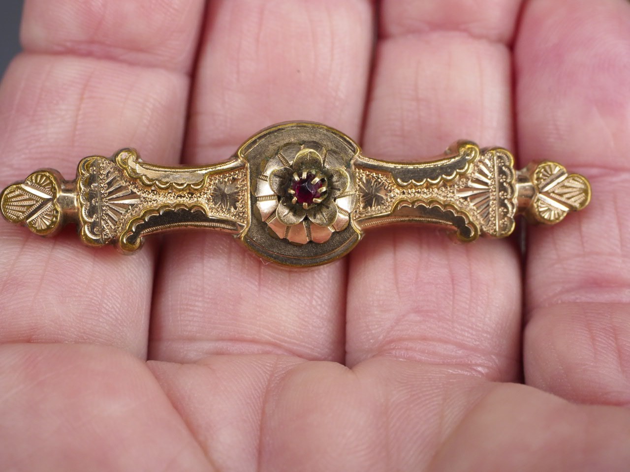 Antique brooch pin hollow rolled gold tube hinge C-clasp jewelry red stone