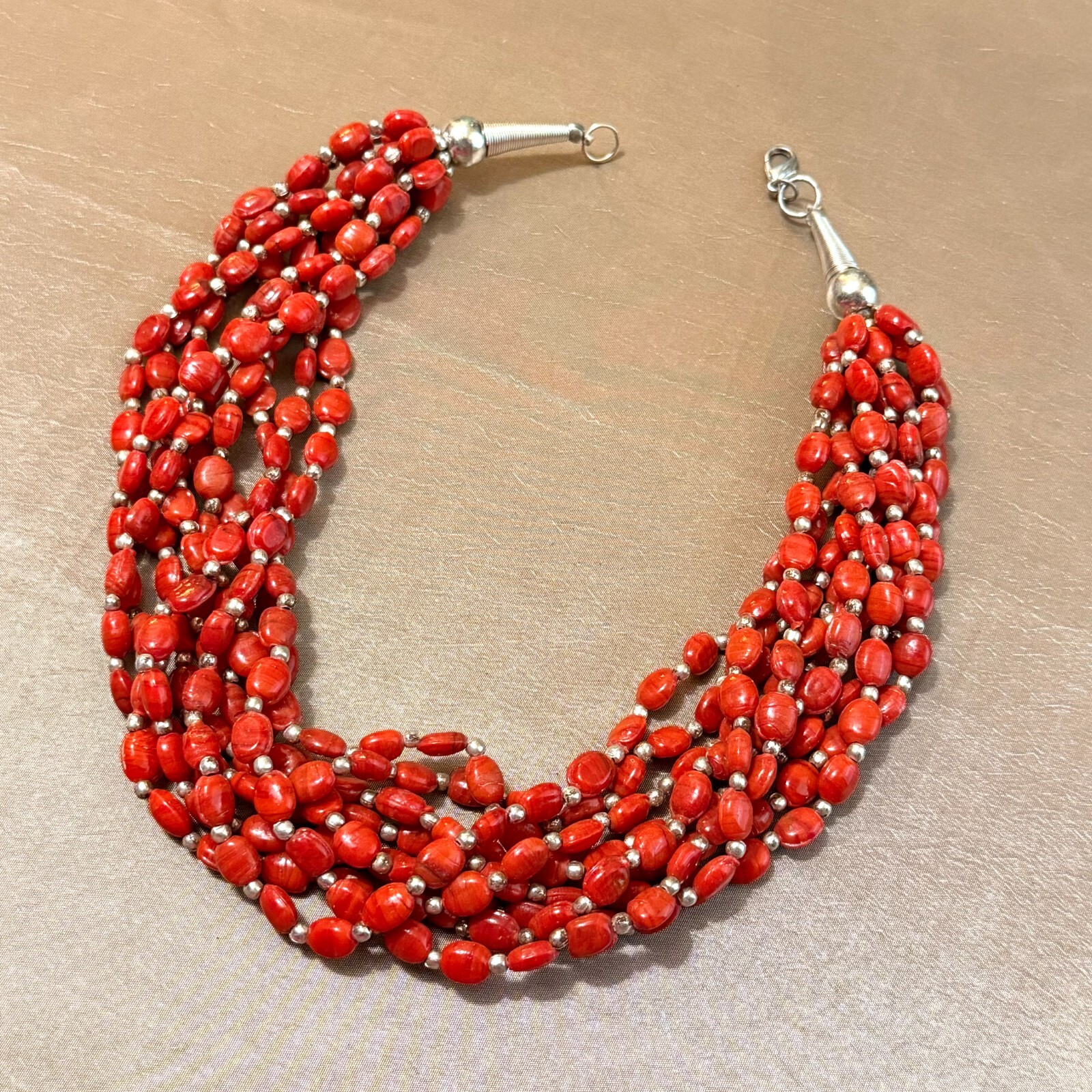 Red Glass Multi Strand Necklace Silver Tone, Boho Unused Vintage India – 18″