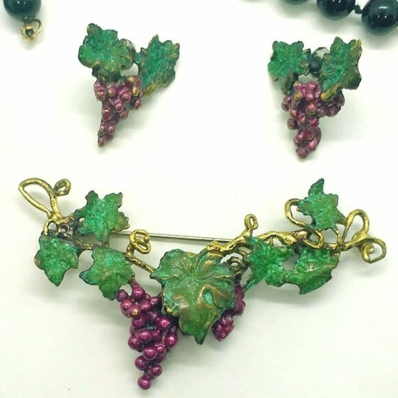 Richard Kaish Purple Green Bronze Wine Grape Vine Necklace Brooch Earrings Set