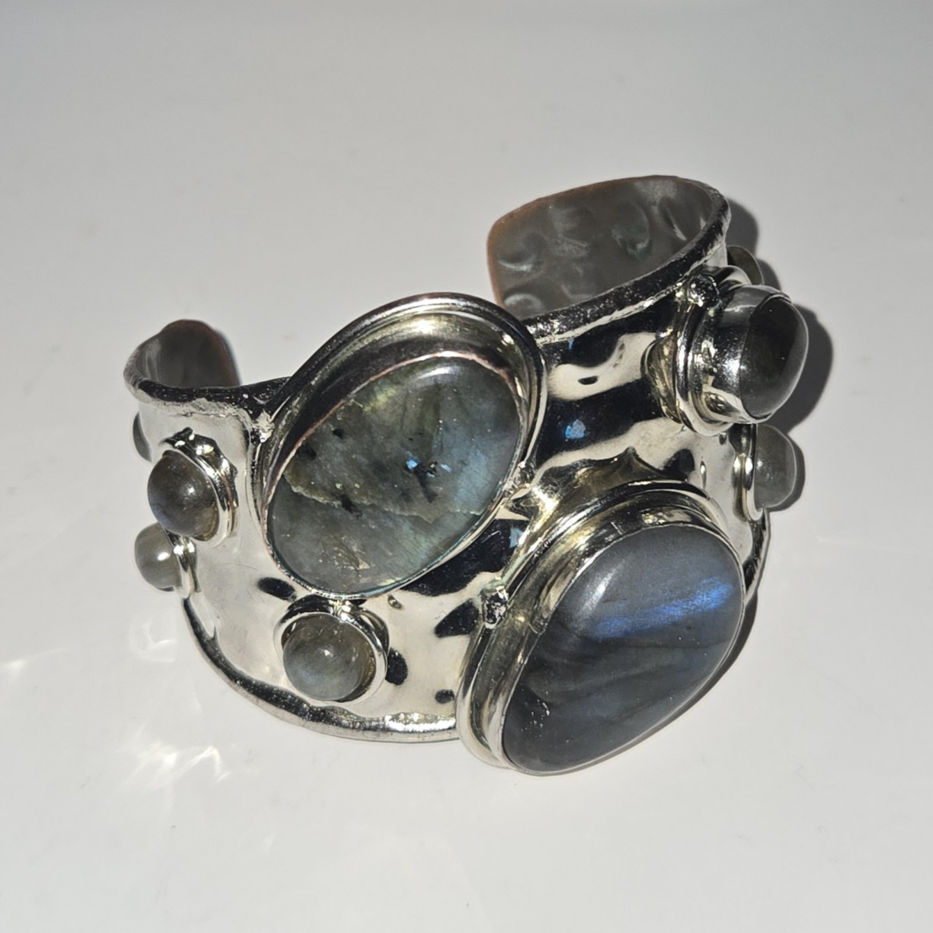 Vtg Metal Cuff Bracelet Labradorite Stones Brutalist Art Adjustable Bold Design