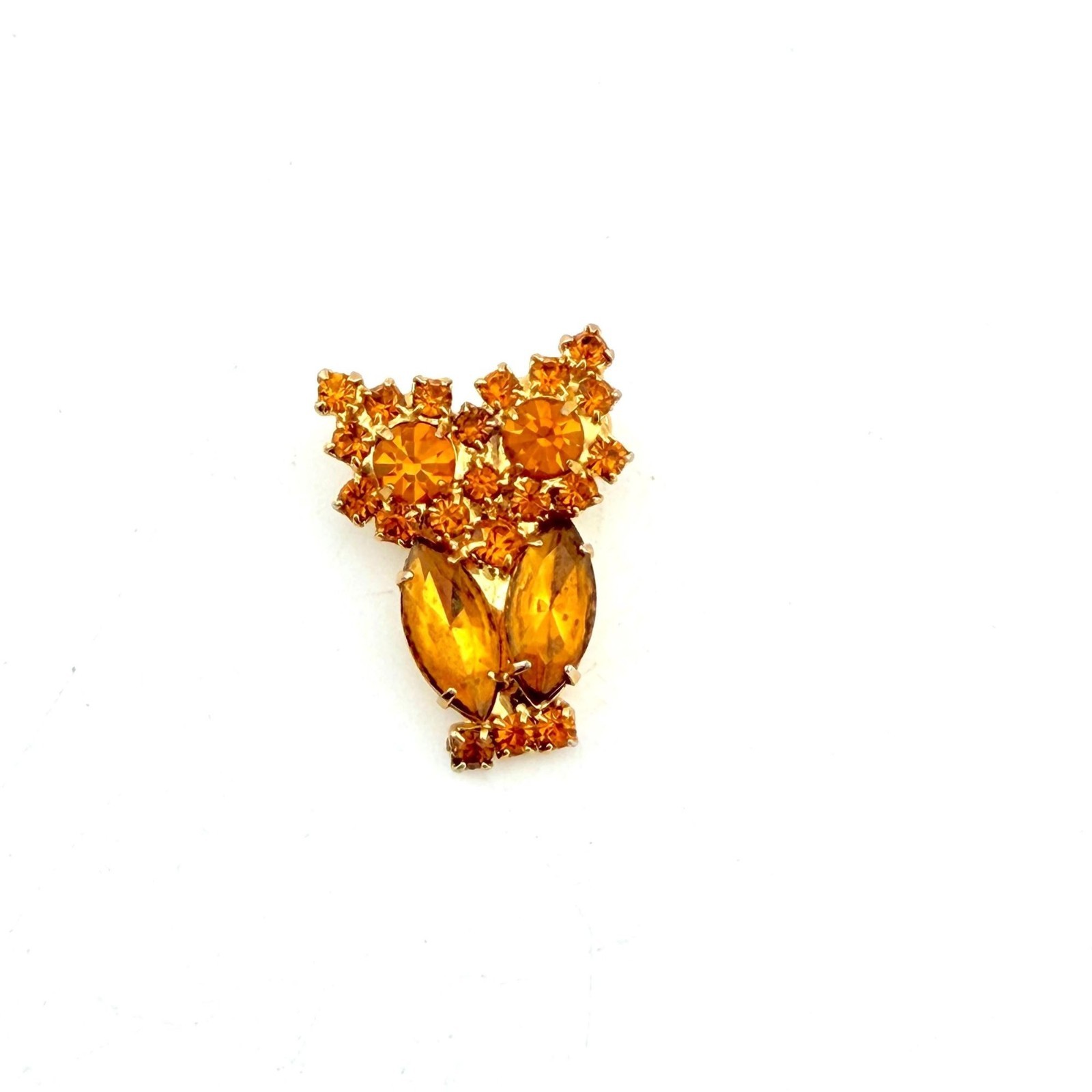 Vintage Amber Rhinestone Owl Brooch Lapel Pin Animal Bird Lover Statement Retro