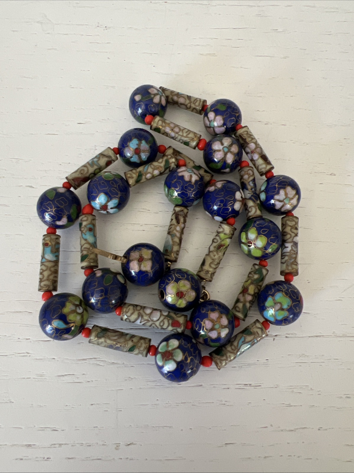 Vintage Cloisonne Chinese Cobalt Blue Floral Flower 25″ Beads Tubes Necklace