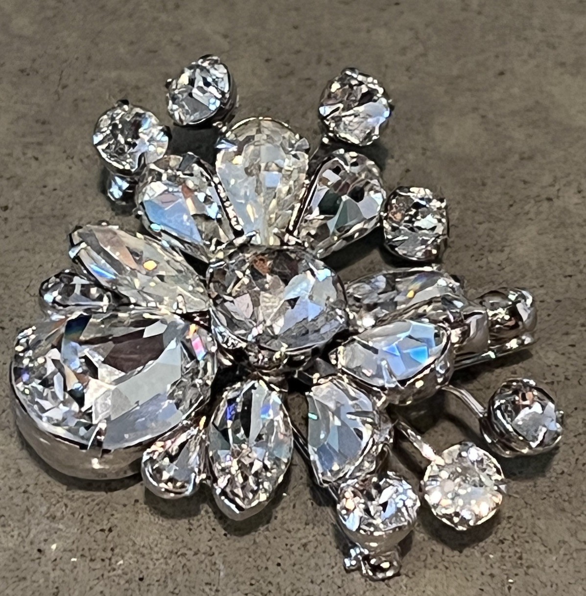 Vintage Eisenberg Clear Rhinestone Spray Brooch Signed Rhodium Crystal 1940 Used