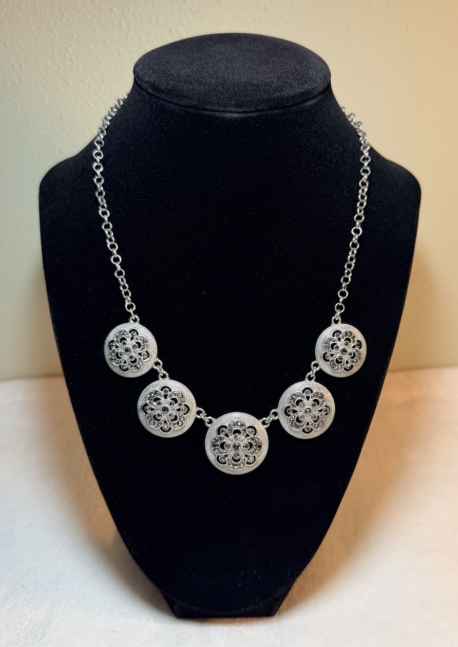 Vintage Crown Trifari Silver-Tone Marcasite Filagree Necklace
