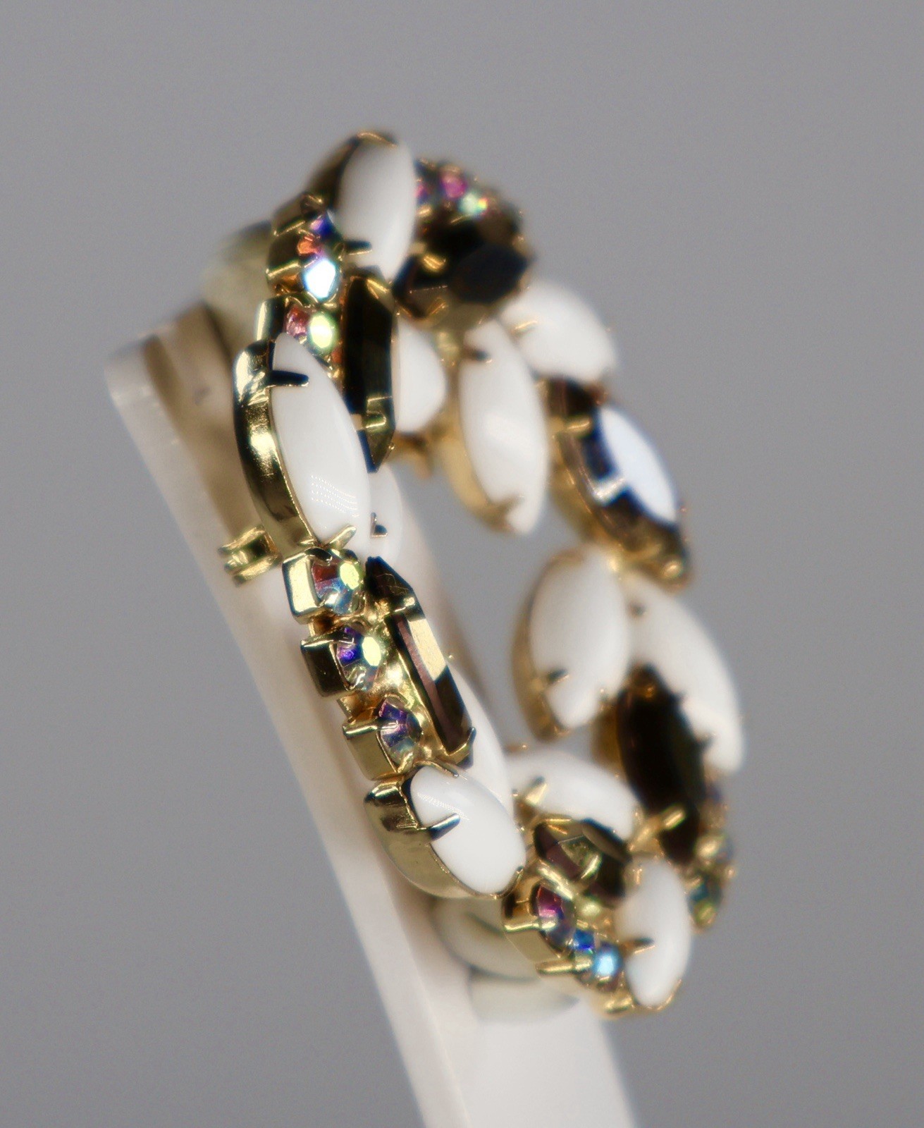 Vintage Rhinestone Wreath Brooch Milk Glass AB Stones Gold Navettes Gold Tone