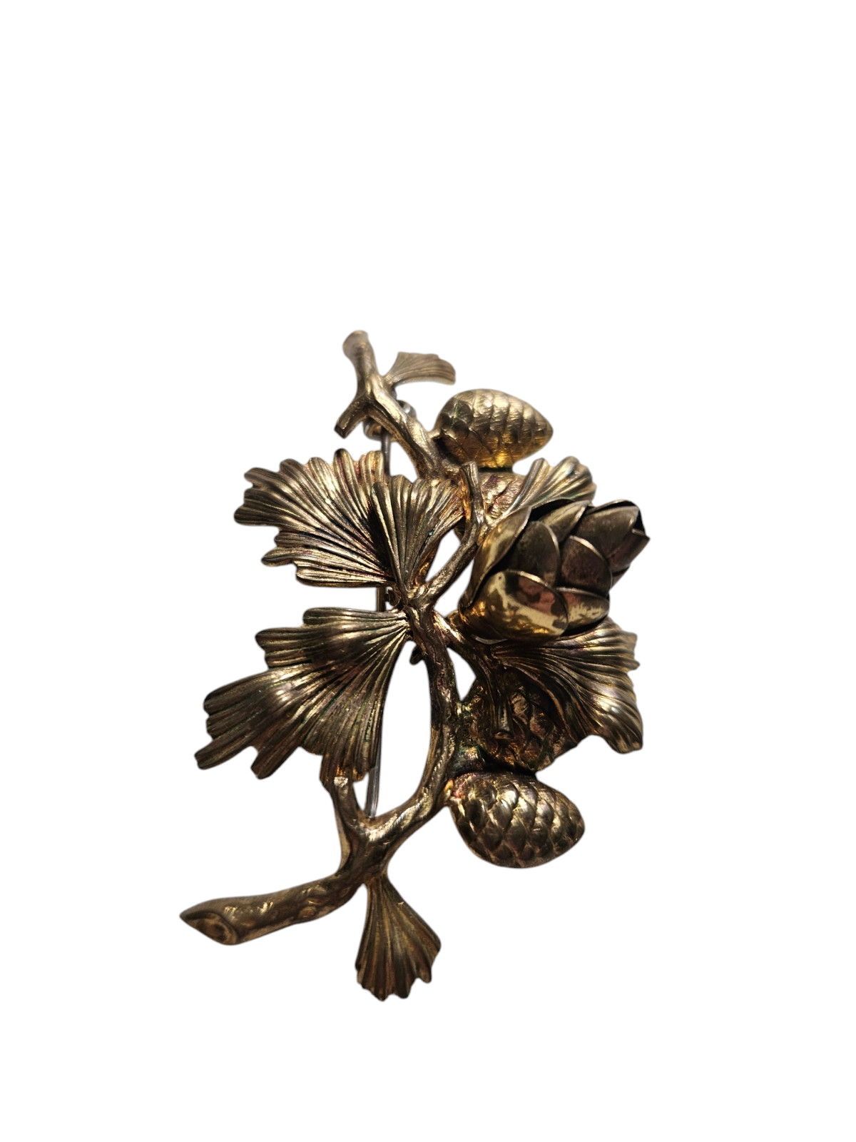 Vintage Textured Brass Articulated Pine Cone Branch Brooch/Pin~2.5″ X 1 5/8″
