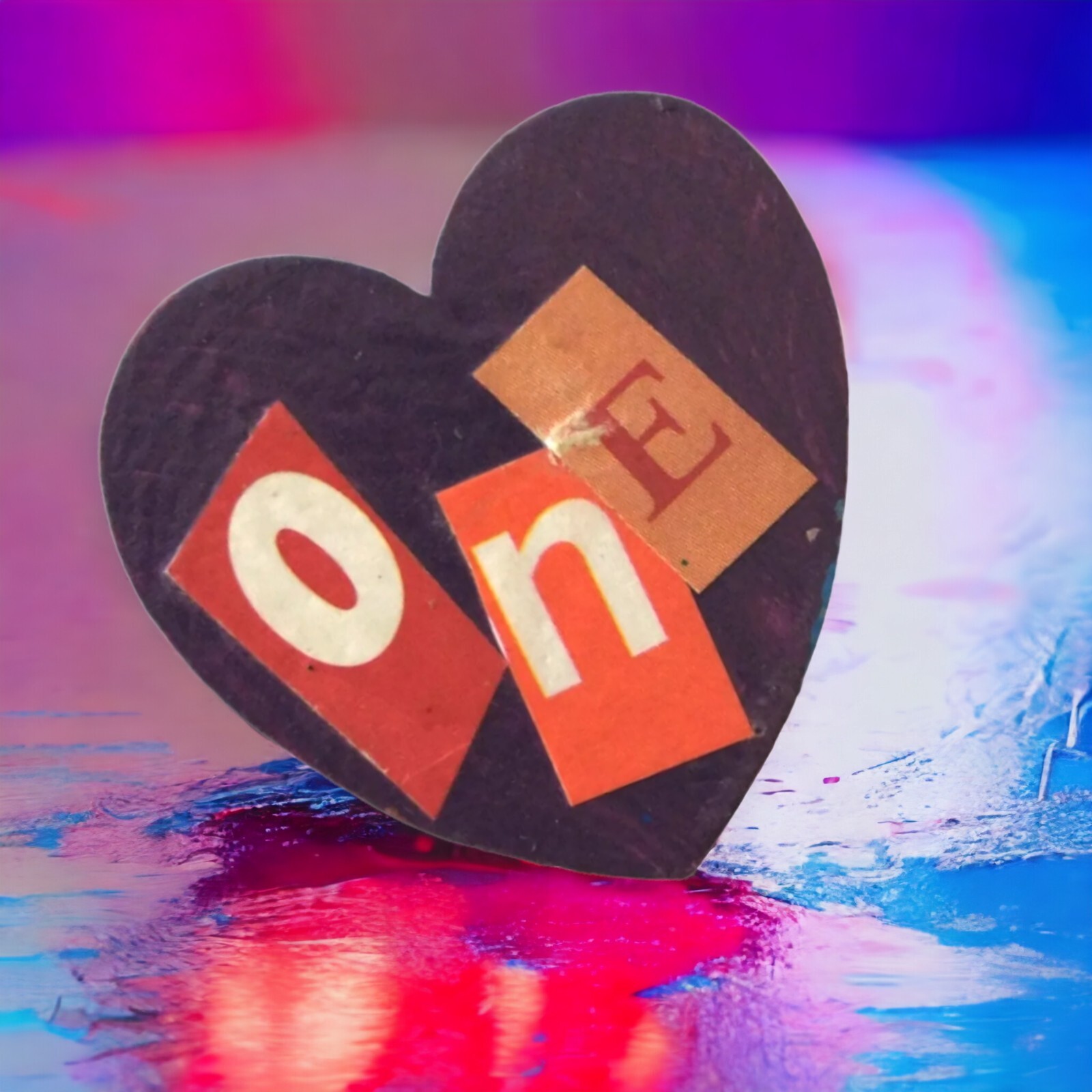 One Love Heart Brooch Pin Handmade Wooden Painted Valentine Mod Podged Eclectic