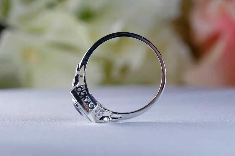 Art Deco Style Amethyst & Emerald Lab Created Diamond 925 Silver Engagement Ring