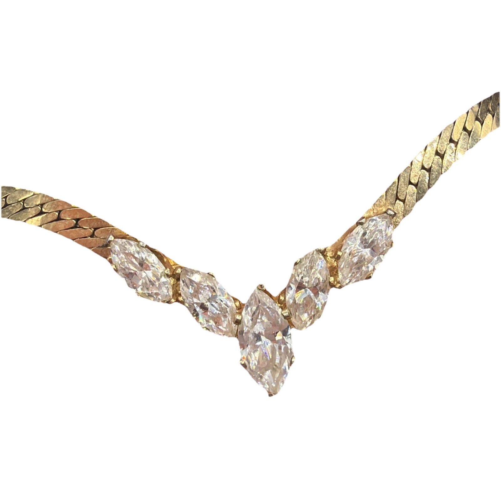 Retro Gold Plated Necklace – V‑Shaped Marquise Crystal Pendant Elegant Vintage