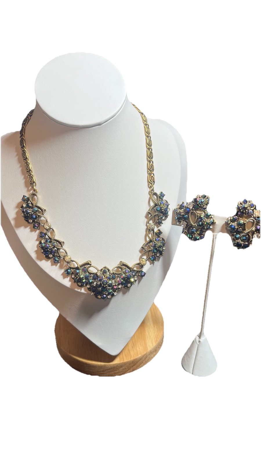 Vintage Florenza Peacock Blue & Vitrail A/B Rhinestones Necklace & Earring Set