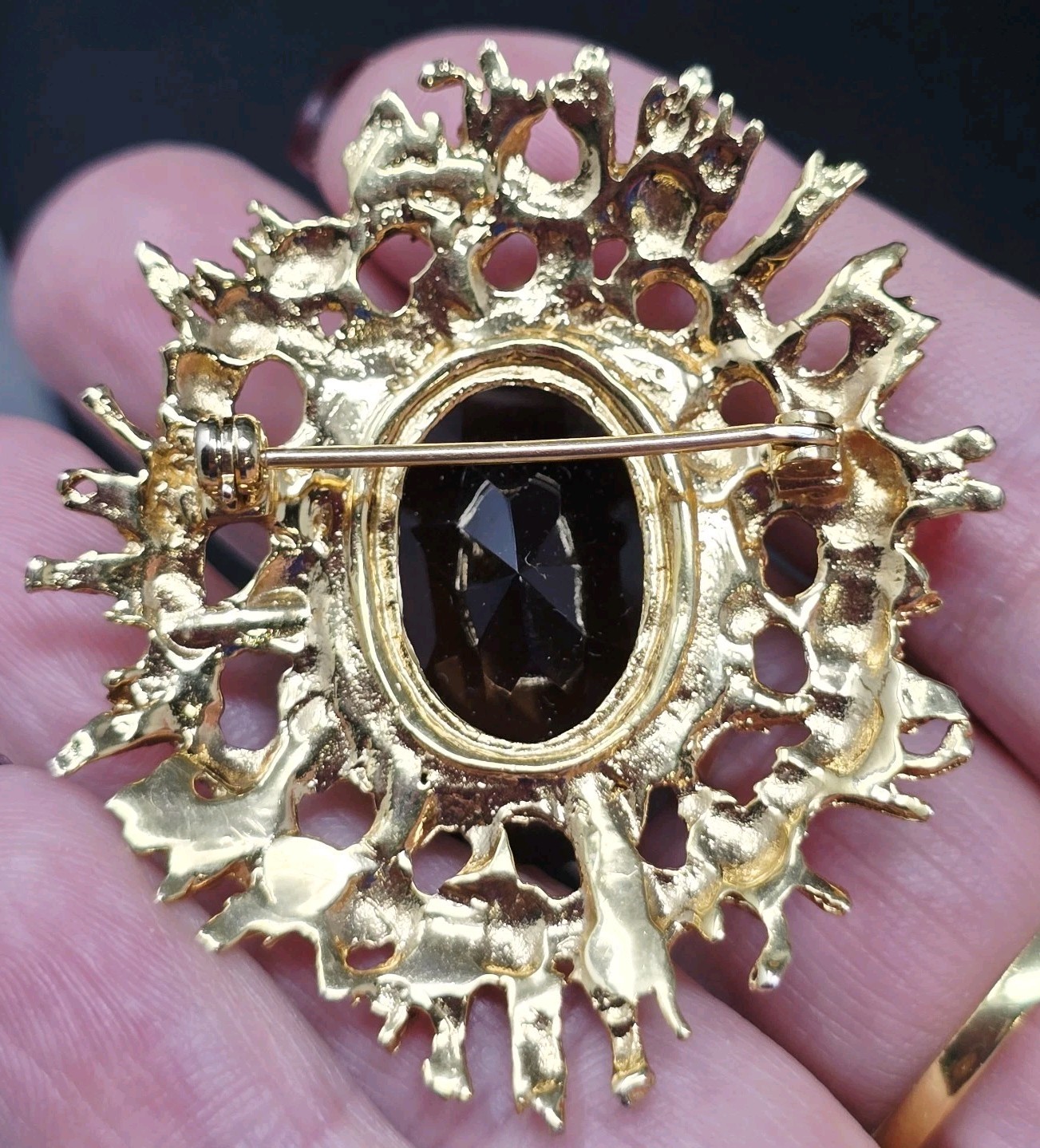 Vtg Mid Century Modern Smokey Quartz Colored Brooch Yellow Gold Plated Excellent