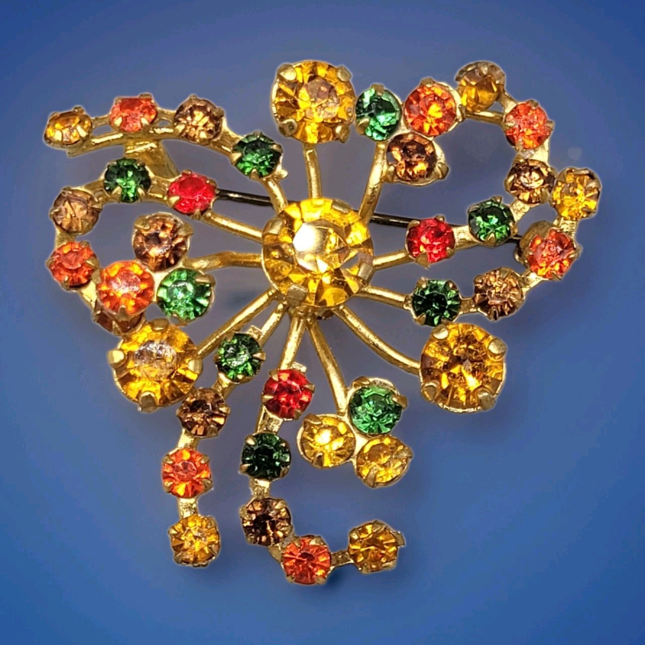 Vintage Multi-Color Rhinestone Brooch Made In Austria Orange Green Yellow 1.5″W