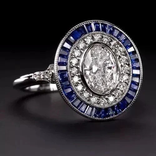Art Deco Vintage Lab Created Diamond & Halo Sapphire Engagement 925 Silver Ring