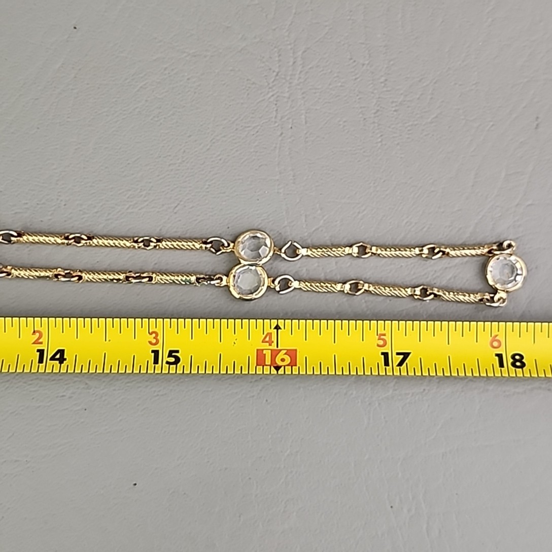 Vintage Open Bezel Necklace Clear Glass Bar Link Gold Tone Spiral 36″