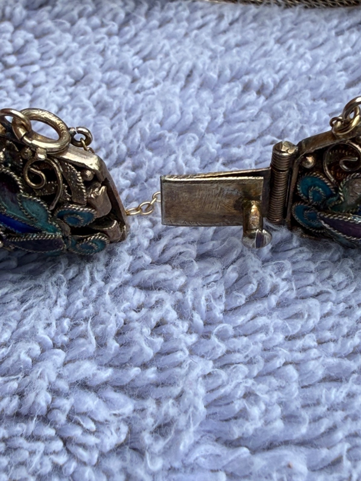 Chinese Export Silver Gilt Filigr Bracelet with Enamel and Tiger’s Eye Cabochons
