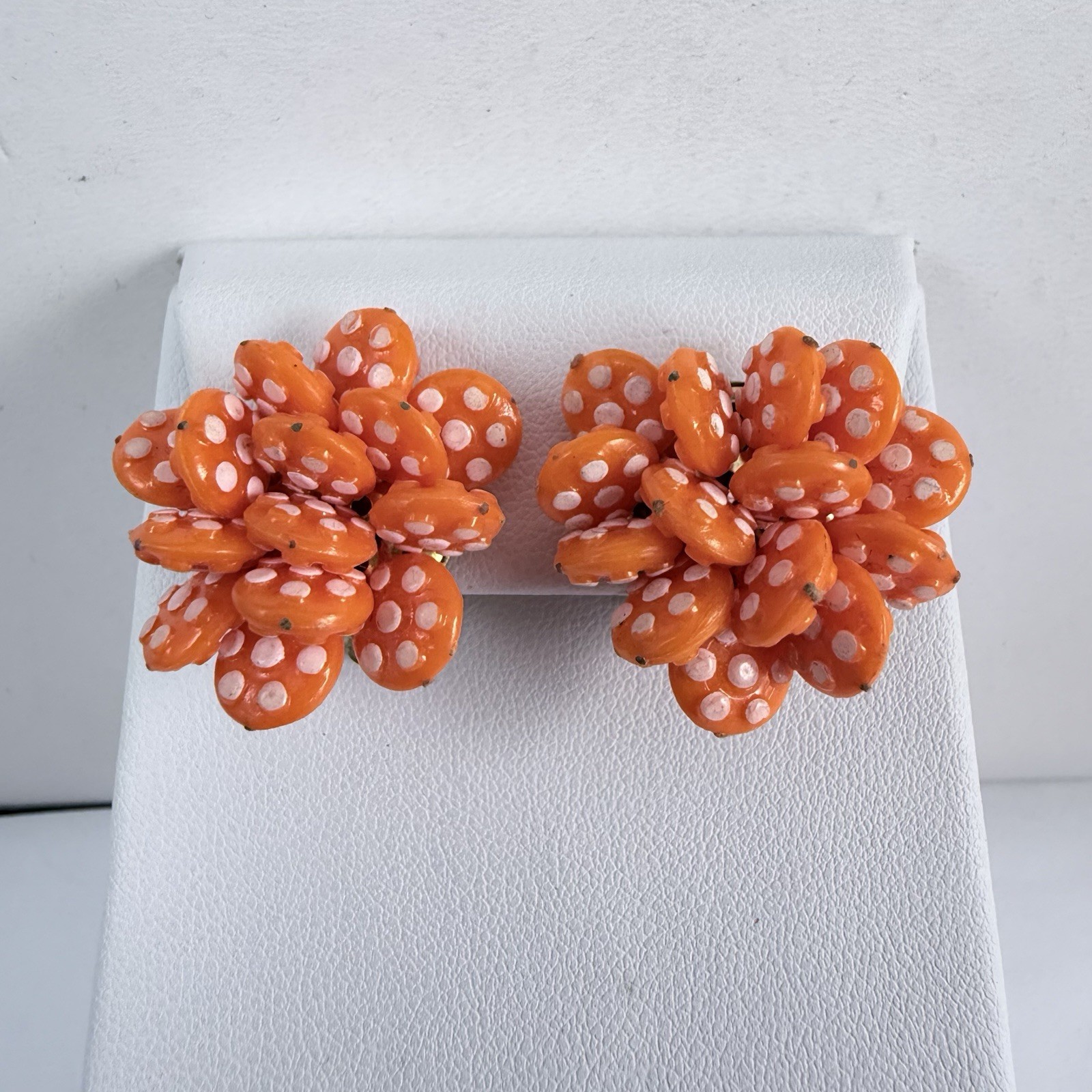 Vintage 1960s Orange & White Polka Dot Clip on Earrings