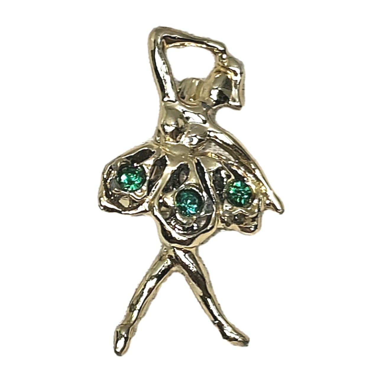 Vintage Gold Tone Green Rhinestone Ballerina Brooch 1 5/8″ Length