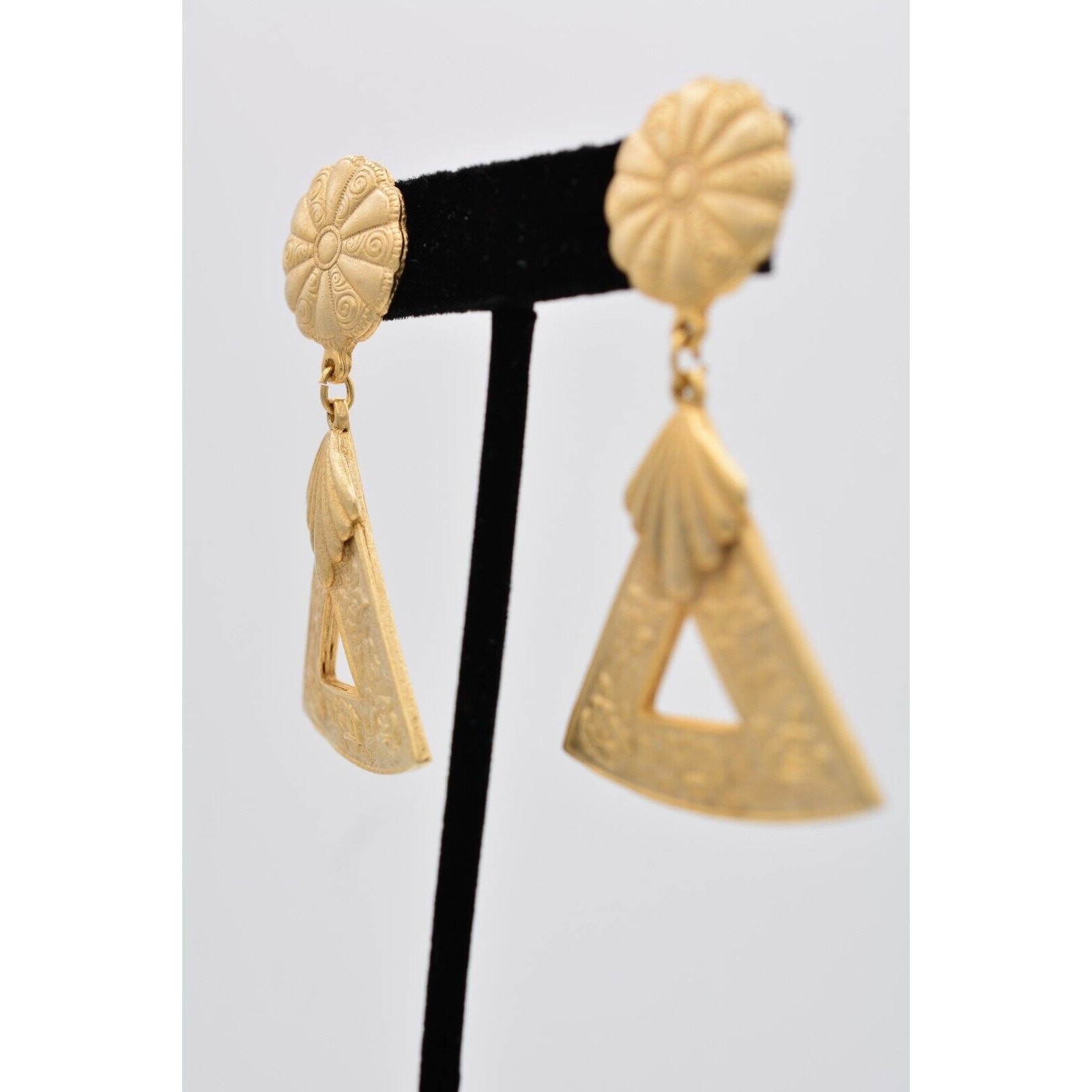 Vintage Statement Dangle Earrings Brushed Gold Floral Heavy Chunky Bold BinAZ