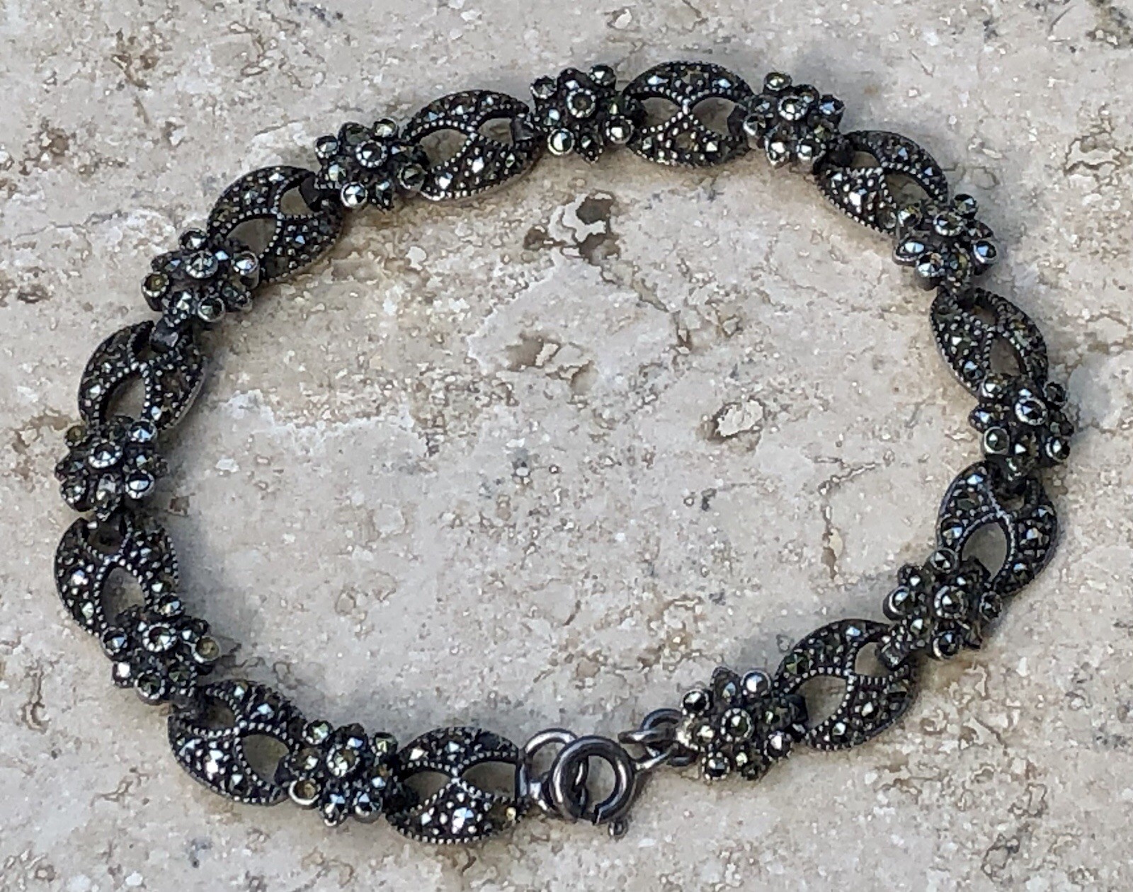 ✨VINTAGE Sterling Silver MARCASITE Floral 🌺Tennis Bracelet 🌟ESTATE Jewelry🌟