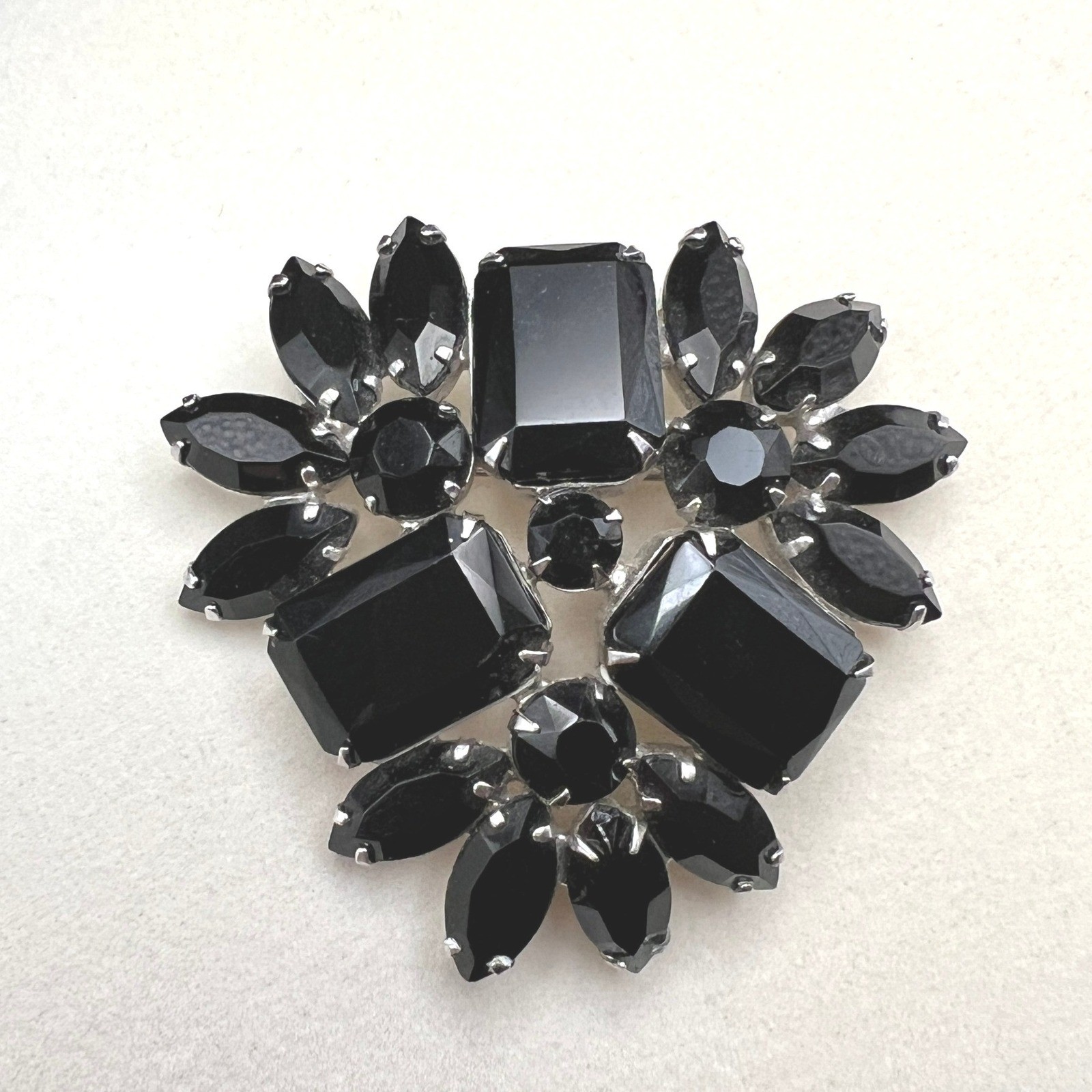Vintage Rhinestone Brooch Black Crystal Domed Floral Spray