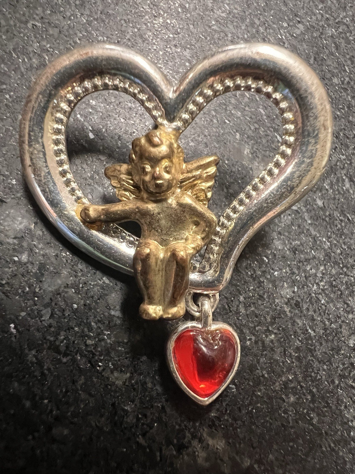 Vtg Avon Silver Plated Heart Cherub Red Dangle Heart Pin Brooch Valentines Day