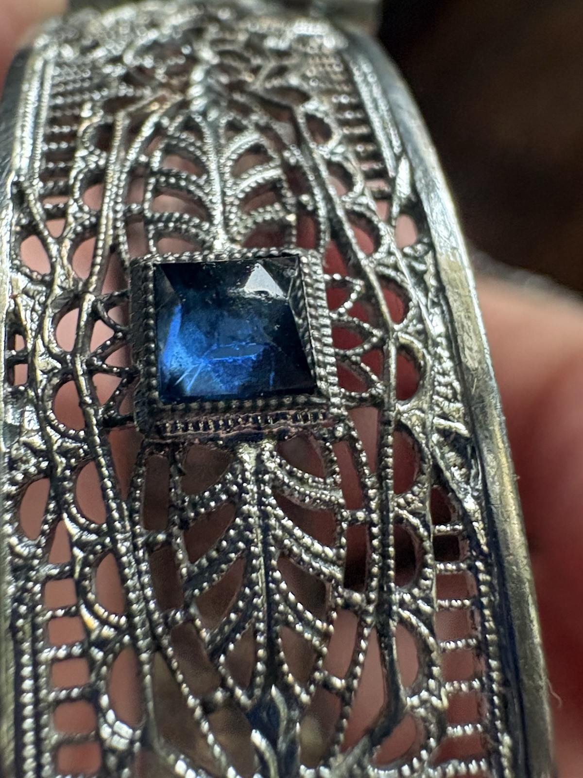Ostby Barton OB Edwardian Filigree Bracelet Sterling Silver Blue Glass READ!