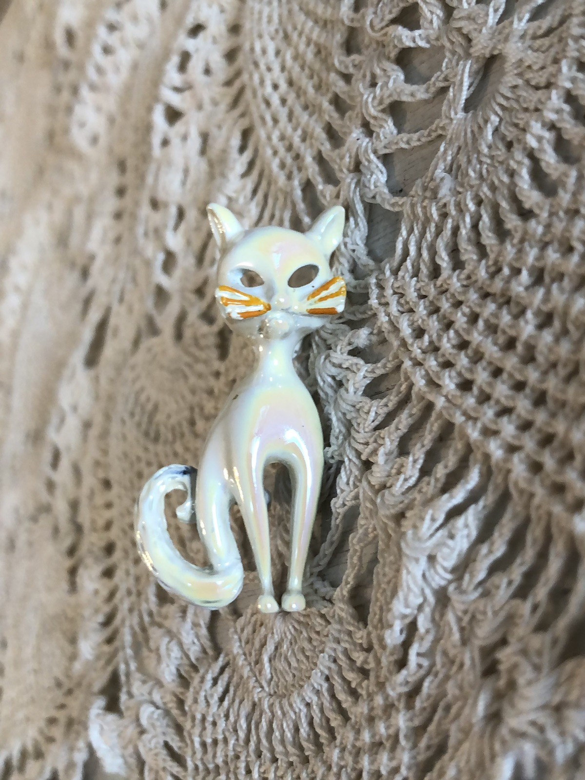 Two Vintage Brooches Flower Wheelbarrow & Iridescent White Cat Beautiful Pins