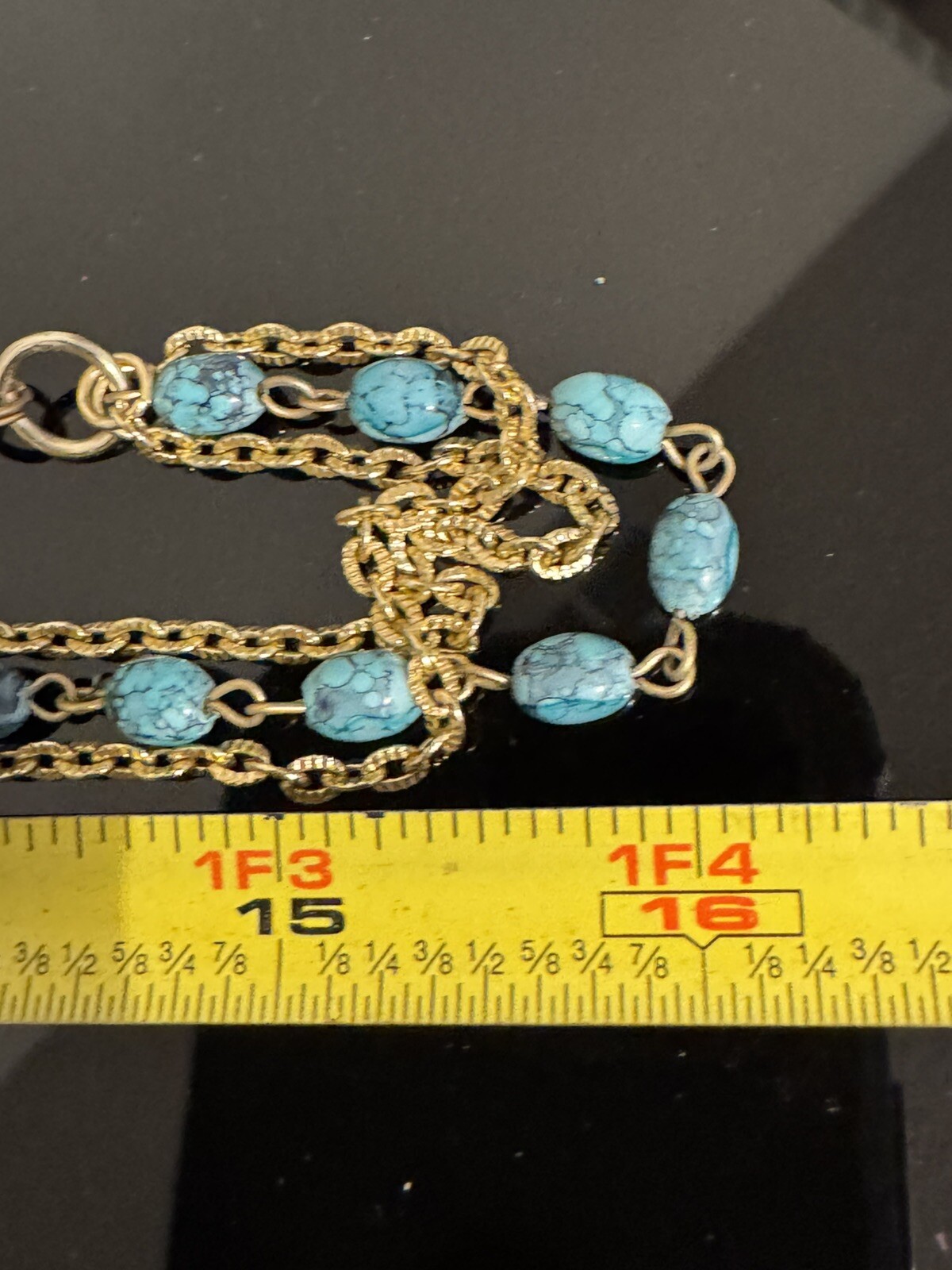 Vintage Hong Kong Necklace Multi Strand Turquoise Colored Beads Gold Tone Chains