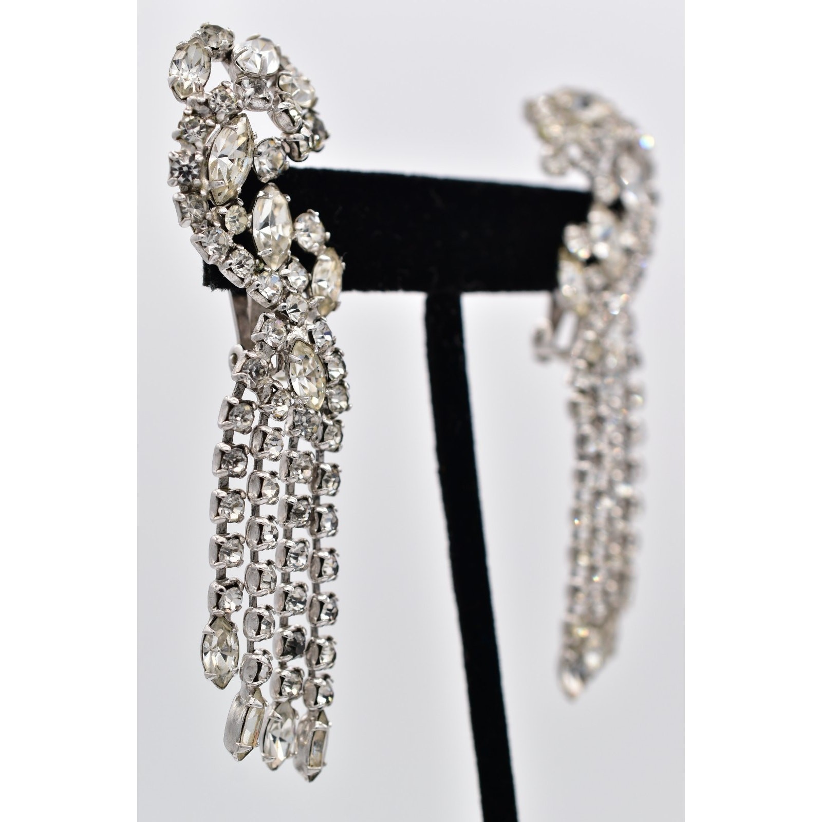 Vintage Crystal Climber Fringe Clip On Earrings Rhinestone Dangle Tassel BinAZ