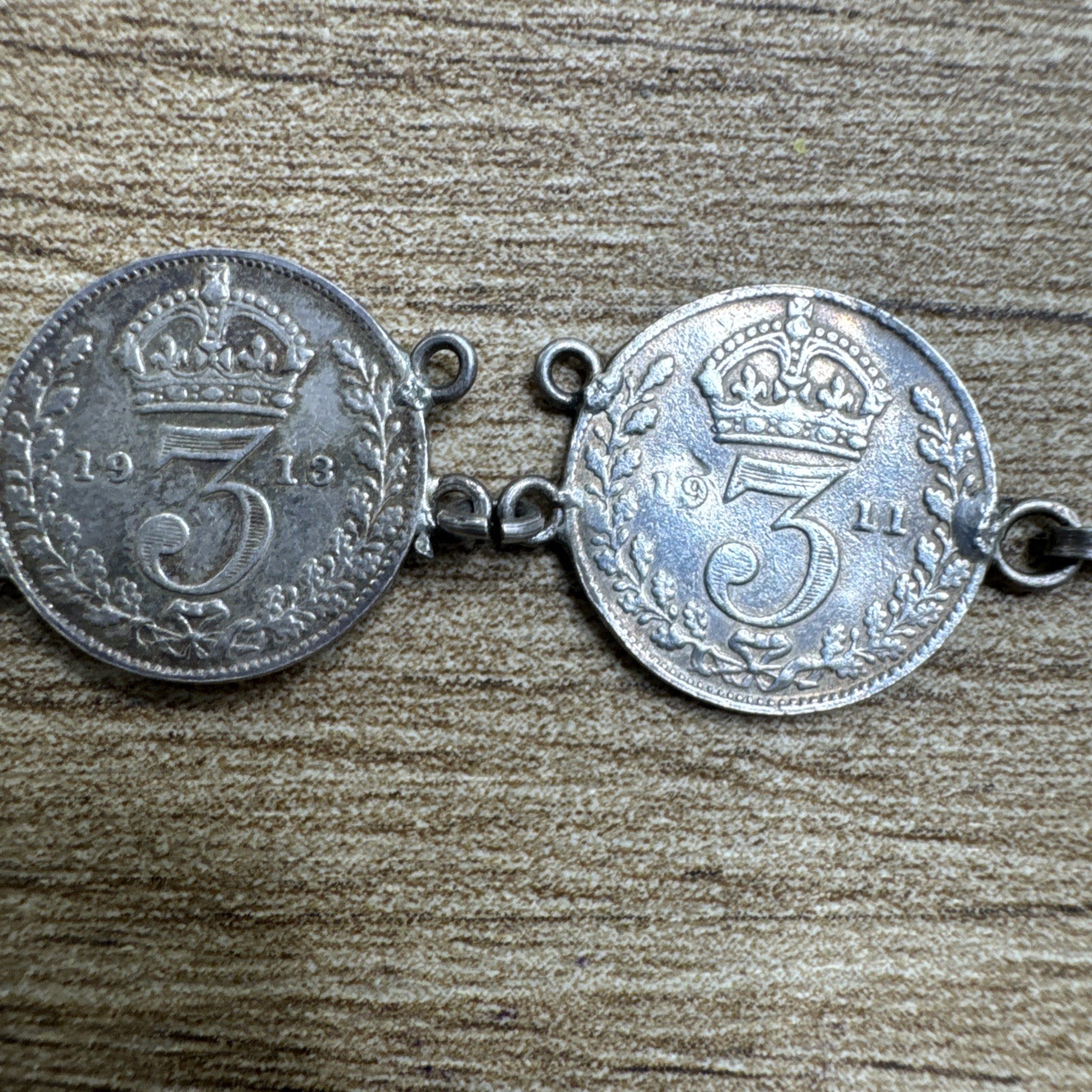 Antique British 3 Pence Sterling Silver 8 Coin Bracelet 1906 – 1921 King George