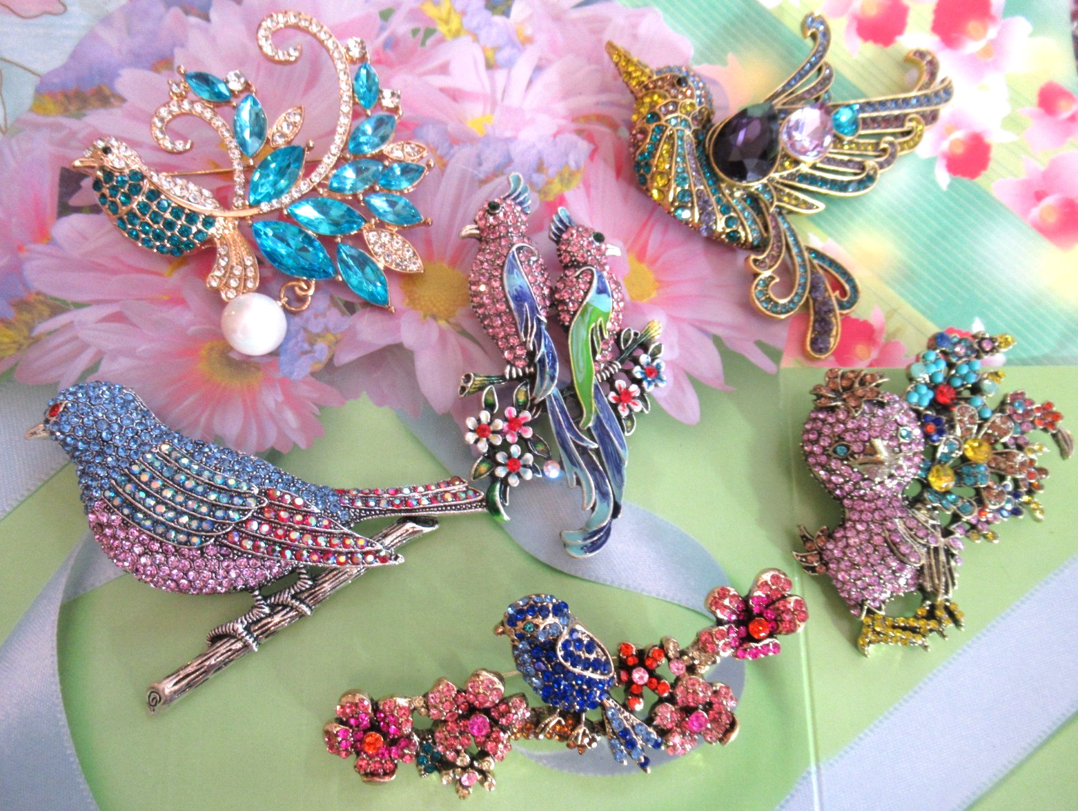 Statement LARGE Brooch BIRDS Large Rhinestone Crystal Enamel NEW